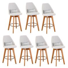 Kit 07 Banquetas Alta Maya Giratória Com Encosto Gourmet Linho Bege e Almofada Suede Branco - Aurora Line