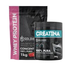 Kit: Whey Protein Concentrado 1Kg + Creatina Monohidratada Pote 300g - 100% Pura Importada - Soldier-Unissex
