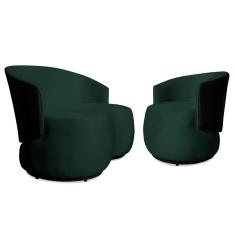 Conjunto Sofá Namoradeira com Poltrona Lara Veludo Verde/PU Preto - Montanaris Decor