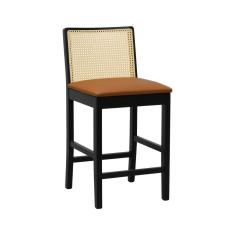 Banqueta Média Pérola - Preto Assento Estofado Corano Caramelo