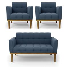 Namoradeira E 2 Poltronas Base De Madeira Castanho Elisa Suede Azul Marinho D03 - D`rossi