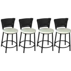 Kit 4 Banquetas Baixas Preta com Encosto Junco Preto Assento Branco - 