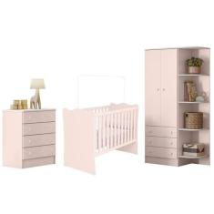 Guarda Roupa 2 Portas Cantoneira, Berço e Cômoda Rosa - Qmovi