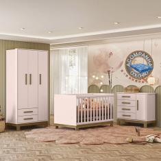 Quarto de Bebê Qencanto Slim Completo Qmovi Rosa Acetinado + Colchão Ortobom