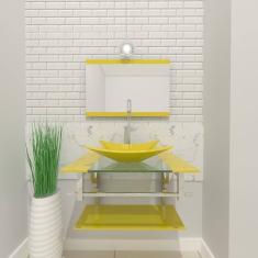 Gabinete de Vidro 80cm Inox com Cuba Retangular Amarelo