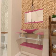 Gabinete de Vidro 70cm Inox com Cuba Retangular Rosa
