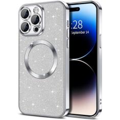 miyonsin Capa para iPhone 13 com glitter, capas de telefone magnéticas transparentes compatíveis com protetor MagSafe Bling Plating TPU macio fino à prova de choque, capa protetora para lente de