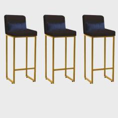 Kit 03 Banqueta Alta com Encosto Lucca Industrial Cozinha Balcão Ferro Dourado Corino Marrom e Almofada Azul Marinho - Ahazzo Móveis