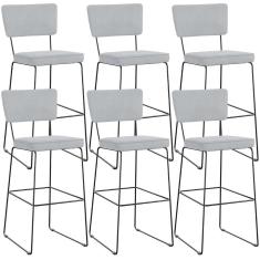 Kit 06 Banquetas Alta Para Cozinha Sala De Jantar Base Em Aço Allana L02 Suede Cinza
