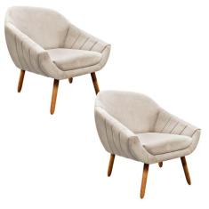 Kit 02 Poltronas Giovana Suede Bege Pés Palito Castanho - DROSSI
