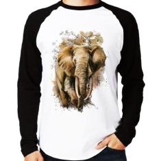 Camiseta Raglan Elefante Watercolor Manga Longa - Foca na Moda, Branco