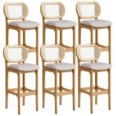 Kit 06 Banquetas Altas Para Cozinha Bancada Sala Tela Betta Fixa L02 Linho Bege - Lyam