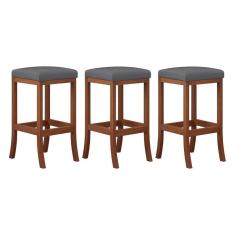 Kit 3 Banquetas Média Estofada para Cozinha Barcelona Madeira Castanho Suede CCS