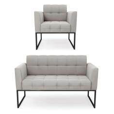 Kit 1 Sofá Namoradeira E 1 Poltrona Elisa Veludo Cinza Base Metálica Industrial Preto - D`rossi