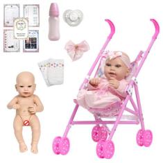 Boneca Reborn Recem Nascida Com Chupeta 14 Itens Carrinho - Cegonha Re