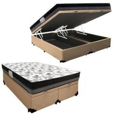 Cama Box Baú Casal Sintético Bipartido + Colchão Ortobom ISO Dupla Fac