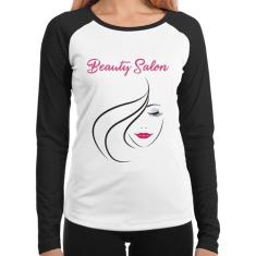 Baby Look Raglan Beauty Salon Manga Longa - Foca na Moda, Branco, Pret