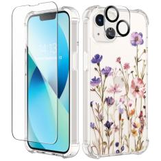 GVIEWIN Capa projetada para iPhone 13 de 6,1 polegadas, com protetor de tela de vidro temperado + protetor de lente de câmera flor transparente macia e flexível à prova de choque floral feminina capa