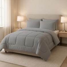 Jogo de Cama Casal Com Edredom Lençol Fronha Função Cobre Leito e Cobertor (Cinza)