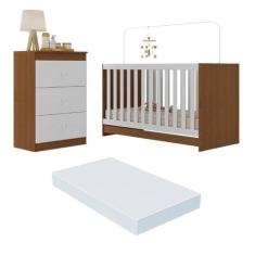 Berço 3 em 1 com Cômoda 3 Gavetas e Colchão Incluso Doce de Leite Mult