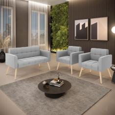 Kit 1 Sofá Namoradeira e 2 Poltronas Elisa Suede Pés Palito Natural D0