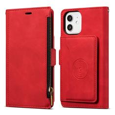 Capa carteira de couro para iPhone 11 12 13 14 Pro Mini XR XS Max X 8 7 6s 6 Plus SE 2020 2022 SE3 Capa de livro com zíper, vermelha, para iPhone 13 Mini