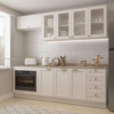 Cozinha Modulada 6 Peças com Tampo, Portas de Vidro e Balcão para Forno de Embutir Cabecasa Madeiram Branco