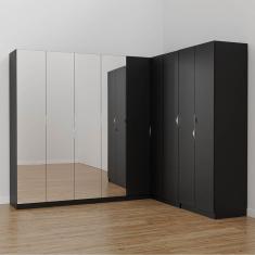Guarda Roupa Modulado de Canto com Espelho 9 Portas 4 Peças Hera Cabecasa Madeiramadeira Preto/Cromado