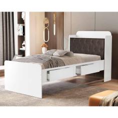 Cama Solteiro com Baú 2 Gavetas Tamires Branco/Nogal
