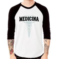 Camiseta Raglan Medicina Manga 3/4 - Foca na Moda, Branco, Preto, P