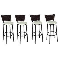 Kit 4 Banquetas Médias Preta com Encosto Junco Argila Assento Branco