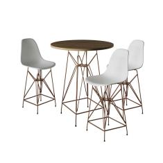 Jogo Mesa Bistrô Eames Tampo Amêndoa 60Cm 3 Banquetas Branca Base Ferro Cobre - Cor: Amendoa