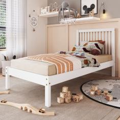 Cama De Solteiro Lucy De Madeira Maciça Com Lastro Branco