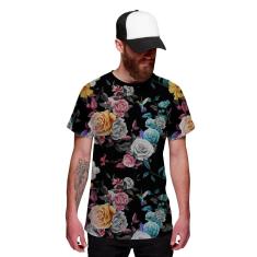 Camiseta Beija Flor Florida Preta Masculina Floral-Masculino