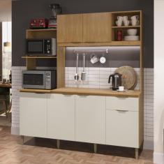Cozinha Compacta com Tampo 6 Portas 1 Gaveta Dália New Cadorin - Freijo/Areia