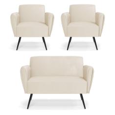 Sofá Namoradeira com 2 Poltronas Pés Palito de Ferro Bruna Corino - D`Rossi