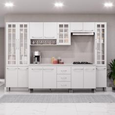 Armário de Cozinha Modulada Completa Fidelitá Viena 6 Peças 295cm 15 Portas 3 Gavetas Com Tampo Branco