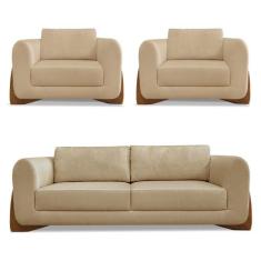 Kit 2 Poltronas e Sofá Living 2 Lugares 1,80m Lottus Linho Pés Castanh