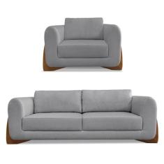 Kit Poltrona e Sofá Living 2 Lugares 1,60m Lottus Linho Pés Castanho -