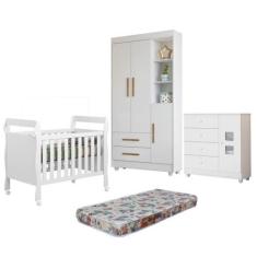 Quarto de Bebê com Berço Mini Cama, Cômoda 1 Porta 4 Gavetas e Roupeir