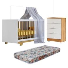 Quarto de Bebê com Berço Mini Cama com Colchão Flocos e Cômoda de Bebê