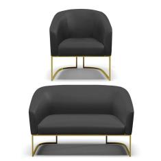 Sofá Namoradeira E Poltrona Base Industrial Dourado Stella Corino Preto D03 - D'rossi