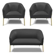 Sofá Namoradeira E 2 Poltronas Pé De Ferro Dourado Stella Corino Preto D03 - D'rossi
