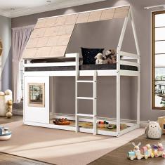 Cama Alta Cabana Noopy com Janela Branco/Cera Bege - Casatema