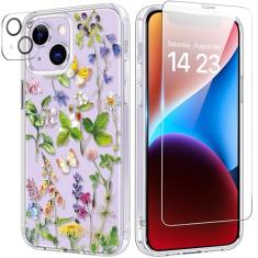 bicol Capa para iPhone 14 com protetor de tela e lente de câmera - Design floral de flores elegantes para mulheres e meninas - Capa de telefone transparente de acrílico à prova de choque de 6,1