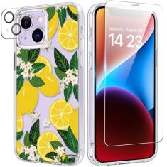 bicol Capa para iPhone 14 com protetor de tela e lente de câmera - Design floral de flores elegantes para mulheres e meninas - Capa de telefone transparente de acrílico à prova de choque de 6,1