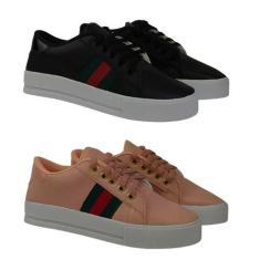 Tênis Casual Feminino Listrado Plataforma Kit 2 Pares Confortável Nude
