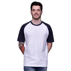 Camiseta Raglan Básica Branca com Manga Preta 100% Algodão-Masculino