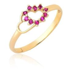Anel De Ouro Feminino Coração Pedras Vermelhas Ouro 18k A503 - MAEHLER