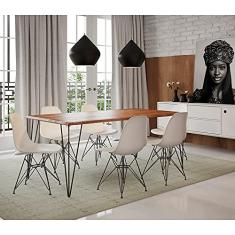 Mesa Sala De Jantar Industrial Clips Amêndoa 135x75 Com 6 Cadeiras Eiffel Brancas De Ferro Preto